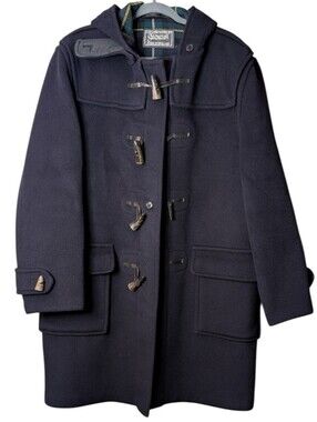 Vtg Gloverall Navy Blue Wool Duffle Coat England Plaid lined Horn Toggle Parka